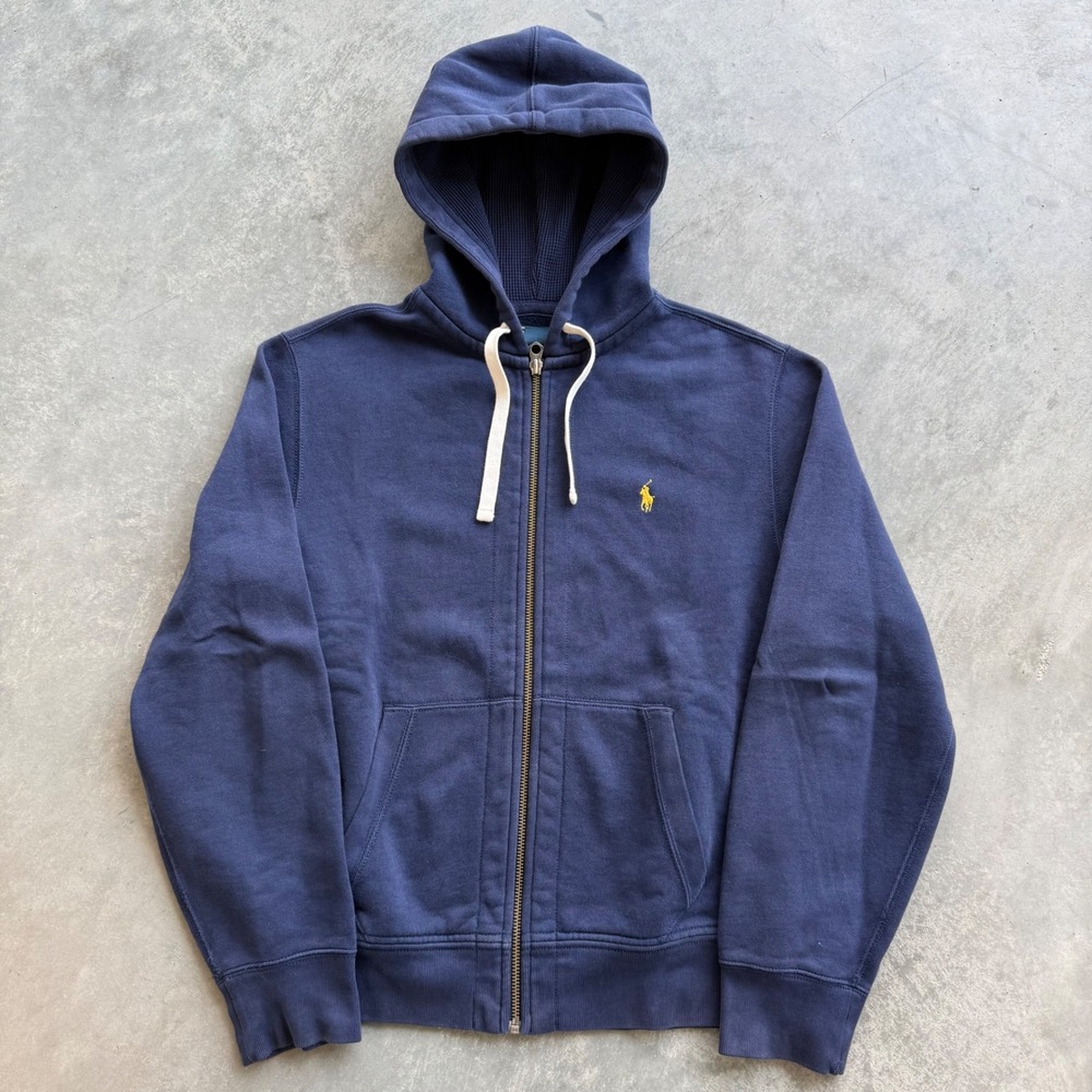 Polo Ralph Lauren Mens Full Zip Hoodie Navy Blue Yellow Pony Logo Waffle Hood M